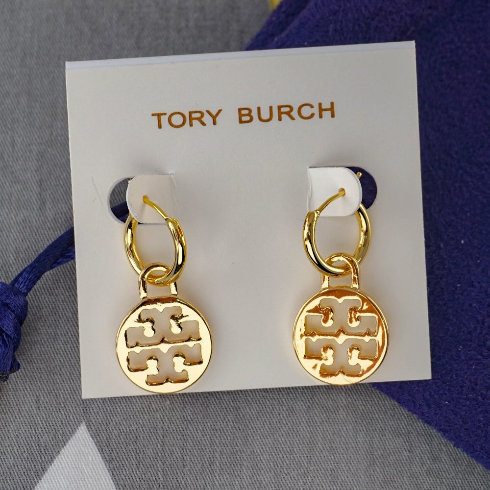 Tory Burch Logo Dangle Huggie Hoop Earrings (Brand New with Dust Bag) - Picture 2 of 3